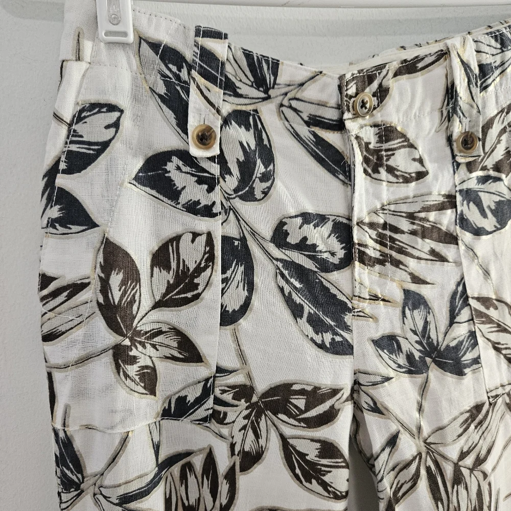 J. Crew Women's Pants Cropped Gold Foil Leaf Garden Pants w/Pockets 100% Linen